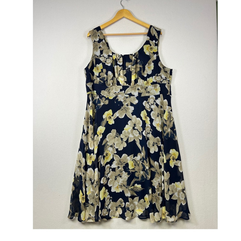 Cottagecore Signature Ella Womens 20W‎ Navy Yellow Floral Empire Waist Dress